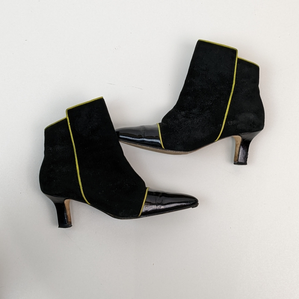 Vintage Escada Black Suede Heel Booties with Yellow Leather Trim